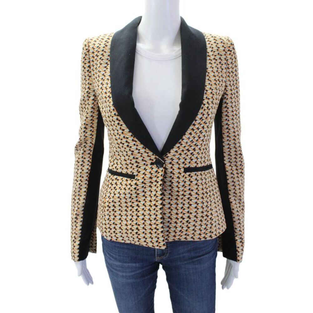 BCBG Max Azria Womens Geometric Long Sleeve Collared Blazer Orange Size 2XS